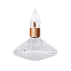 Glass perfume bottle with gold ring around top.