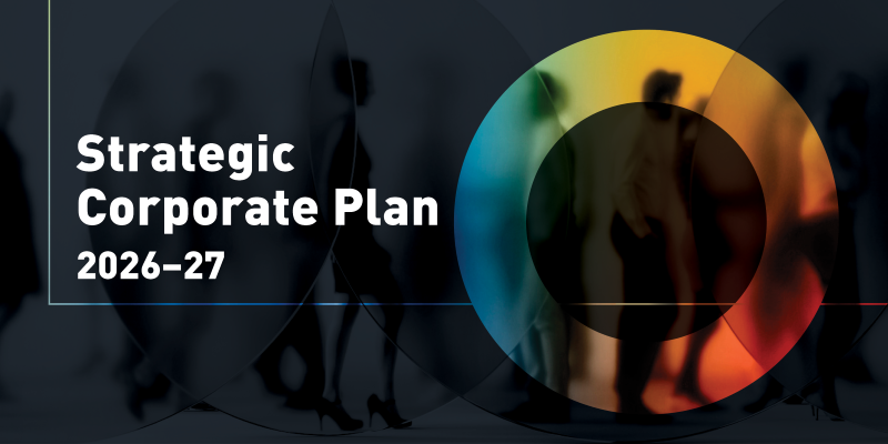 Strategic Corporate Plan 2026–27 title on an abstract background.