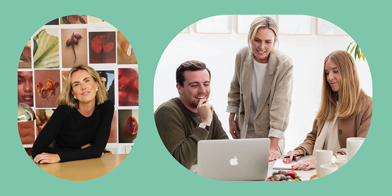 Two oval-framed photos: one showing a person seated at a table in front of a wall of colourful plant photographs, and the other showing three people gathered around a table working together.