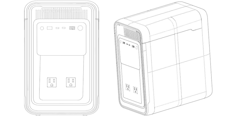 A line drawing of an energy storage device (front and front perspective views) featuring rounded corners and an outlined front interface panel.