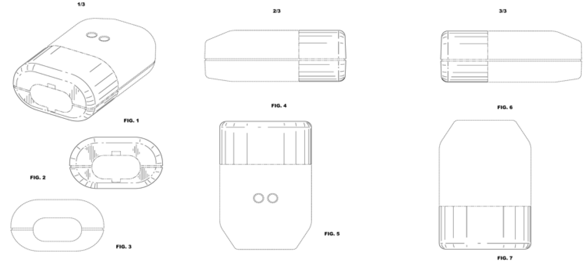 Line drawings showing multiple views of a sensor with a rounded rectangular body, two circular features on one face, and an oval opening at one end.