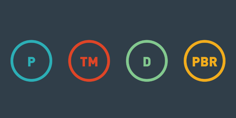 All in a horizontal line with a white background: Patents represented by a P in a teal circle, Trade Marks represented by TM in a red circle, Design Rights represented by a D in a green circle, and Plant Breeder's Rights represented by PBR in a yellow circle..