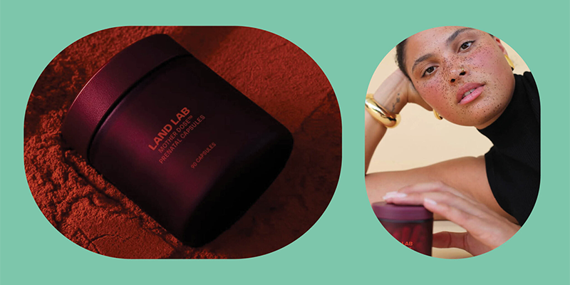 Dark maroon supplement jar labelled 'Land Lab' beside a close-up of a person holding it.