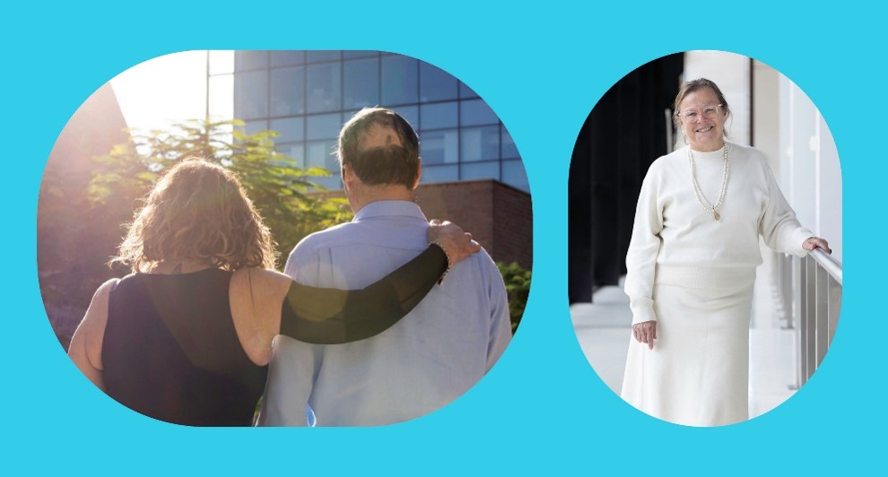 Two oval photos on a blue background: two people walking arm in arm, and a person smiling on a balcony.