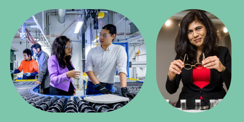Two circular inset images on a coloured background. The left oval shows Professor Veena Sahajwalla and a researcher in safety glasses examining a recycled green ceramic tile on a factory conveyor belt. The right oval shows a close-up portrait of Professor Sahajwalla smiling and holding up a pair of round glasses.
