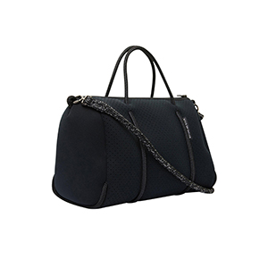 Black designer handbag with thin handles and black chain strap